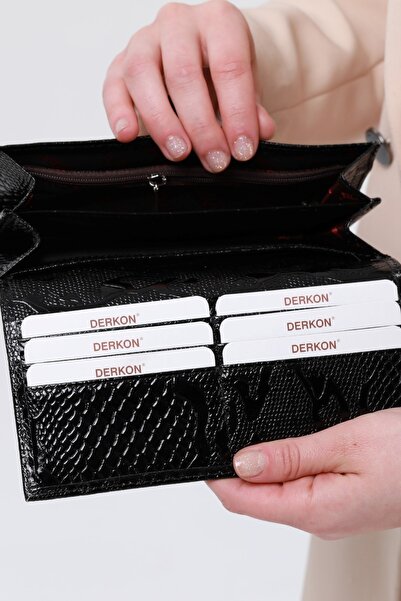 DERKON Crocodile Patterned Genuine Leather Black Women's Wallet
