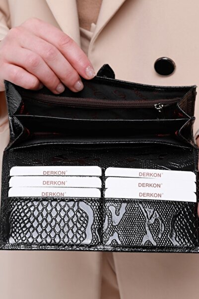DERKON Crocodile Patterned Genuine Leather Black Women's Wallet