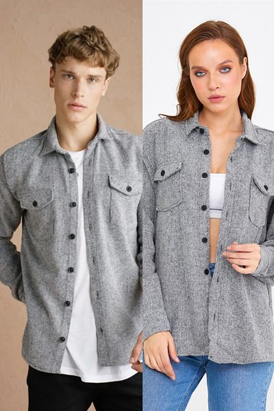 Tarz Cool Unisex Γκρι Πουκάμισο ξυλοκόπο με διπλό πτερύγιο τσέπης - μονή τιμή
