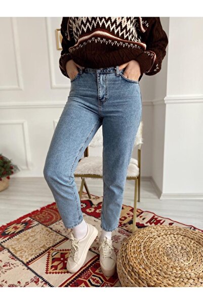 LİMABEL Mavi Mom Jeans Likralı Yüksek Bel Mavi Kar Yıkamalı Mom Kot Pantolon
