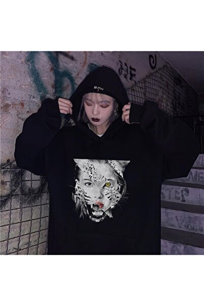 Touz Tiger Girl Black Unisex Hooded Oversize Sweatshirt Hoodie