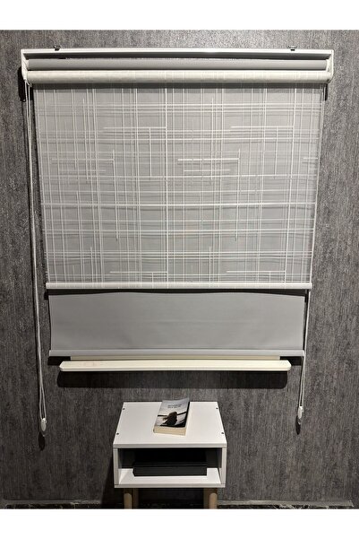 Genel Markalar Kare Desen Yeni Sezon Açık Gri Storlu Çiftli Mekanizma Stor Tü...