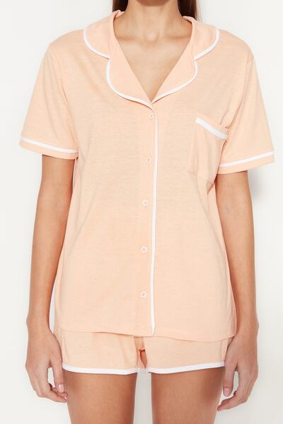 Trendyol Collection Σολομός 100% βαμβακερή σωλήνωση Λεπτομερές σορτς πλεκτό σετ πιτζάμα THMSS20PT0406