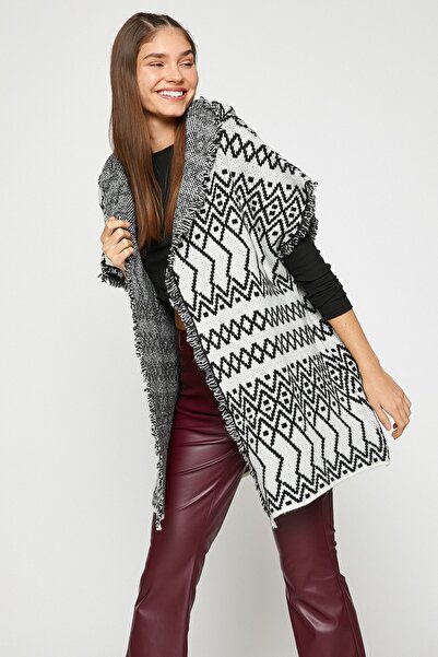 Koton Schwarz gemusterter Damenmantel 3WAL90239HT