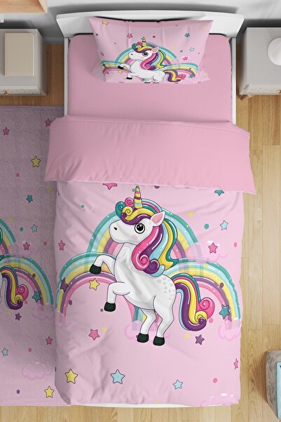 EVPANYA Pembe Unicorn Desenli Tek Kişilik Bebek Çocuk Nevresim Takımı