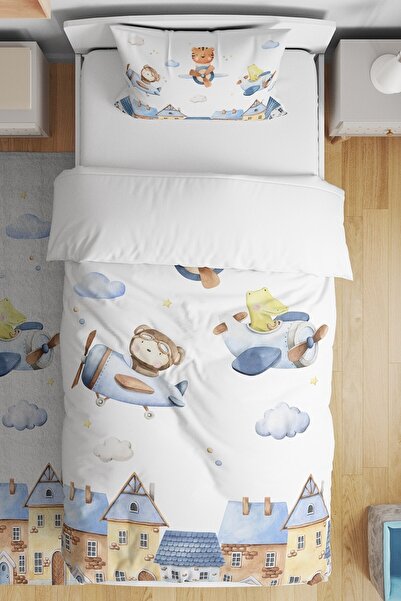 EVPANYA Kasabadaki Pilotlar Desenli Tek Kişilik Bebek Çocuk Nevresim Takımı