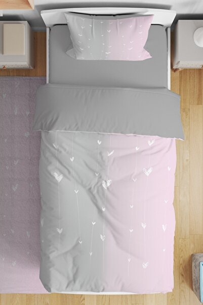 EVPANYA Gri Pembe Ip Kalpler Desenli Tek Kişilik Bebek Çocuk Nevresim Takımı