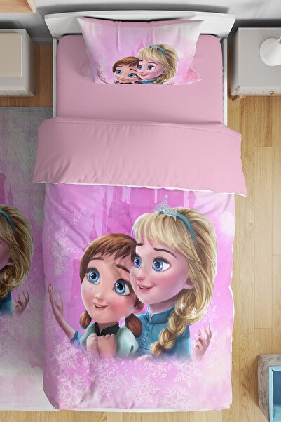 EVPANYA Pembe Çocuk Elsa Ve Anna Desenli Tek Kişilik Bebek Çocuk Nevresim Takımı