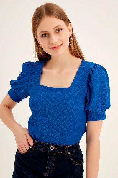 MEECY Damen Strickbluse mit eckigem Ausschnitt in Blau von Saks