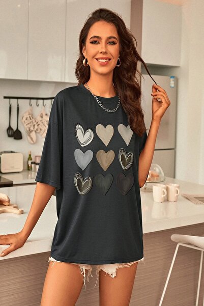 Machetta Μεγάλο μέγεθος Anthracite 3x3 Heart Printed &apos; s Oversize T-shirt;