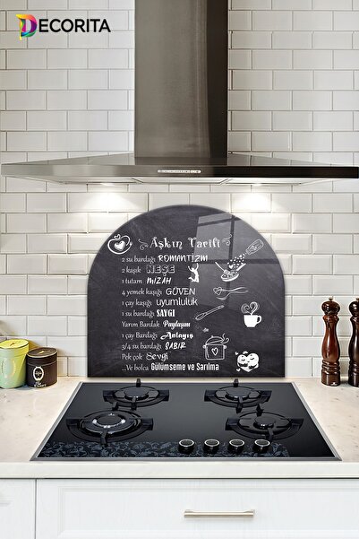 Decorita Cam Ocak Arkası Koruyucu | Oval Şekilli | Aşkın Tarifi | 52cm X 60cm