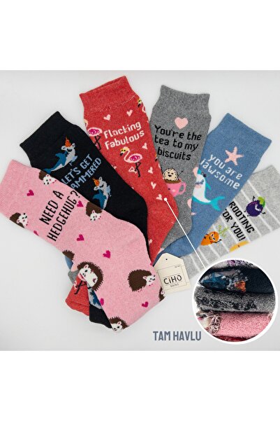 CİHO Daily 6 Çift Kadın Tam Havlu Yumuşak Eğlenceli Desenler Kışlık Soket Çorap
