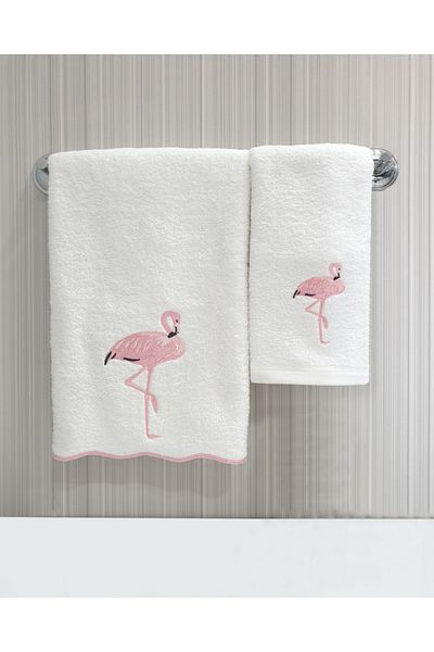 Tanem Home منشفة ويفي ايدج فلامينجو مطرزة لليد/الوجه 50x90 سم 100% قطن