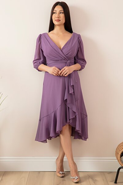 PULLIMM 13372 Rochie din valon cu fustă cu mâneci slabe cu guler dublu