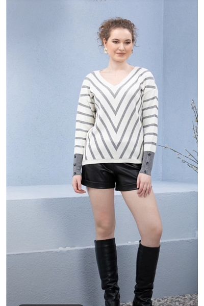 anne moda ankara Λαμπερό V-λαιμόκοψη λεπτό πλεκτό μπλούζα