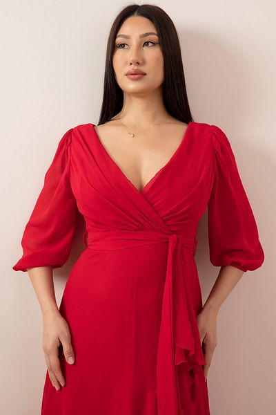 PULLIMM 13372 Rochie din valon cu fustă cu mâneci slabe cu guler dublu