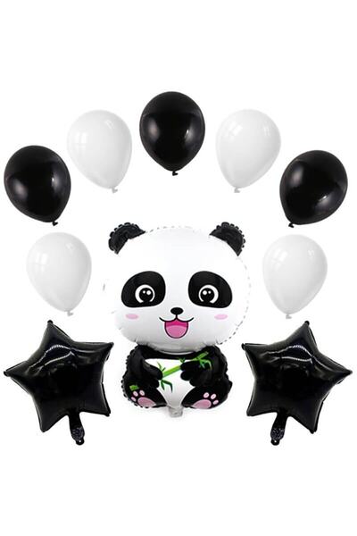 BEST PARTİ DOĞUM GÜNÜ PARTİ SÜSLERİ Panda Black and White Star Set Foil Balloon