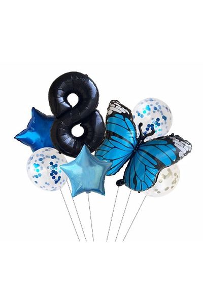 BEST PARTİ DOĞUM GÜNÜ PARTİ SÜSLERİ Blue Butterfly Balloon Set Star Balloon Foil Set Birthday Set Age 8
