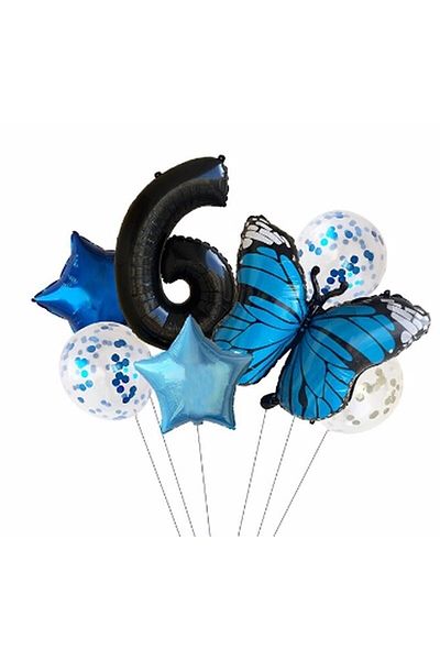 BEST PARTİ DOĞUM GÜNÜ PARTİ SÜSLERİ Blue Butterfly Balloon Set Star Balloon Foil Set Birthday Set Age 6