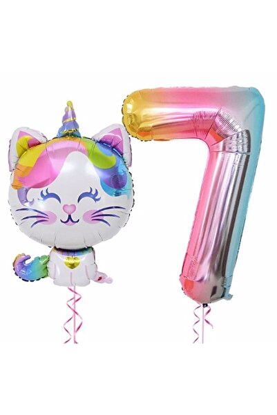 Generic Brand Unicorn Cat Balloon Rainbow Colorful Number Birthday Set Age 7