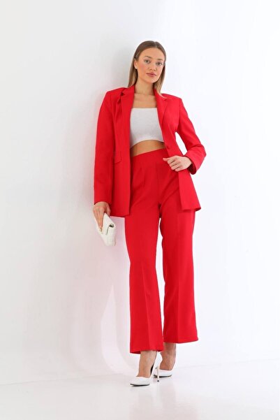 diaves original designs Kırmızı Tek Düğme Blazer Ceket Cepli Palazzo Pantolon Takım