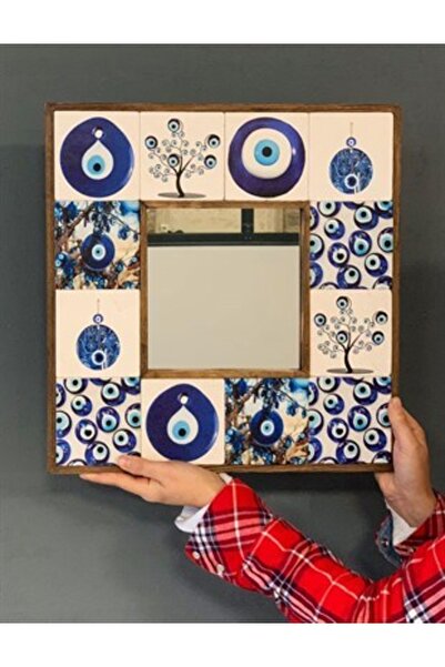 Oscar Stone Decor Ahşap Çerçeveli Taş Ayna 43 X 43 Cm Nazar Temalı Ayna