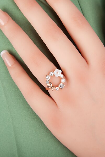 klas gümüş Beyaz Taşlı Rose Manolya Çiçeği Yüzük-925 Ayar Gümüş