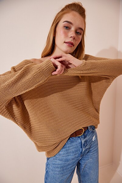 Happiness İstanbul Γυναικείο μπισκότο μπισκότο λαιμόκοψη oversize μακρύ πλεκτό πουλόβερ ZA00067