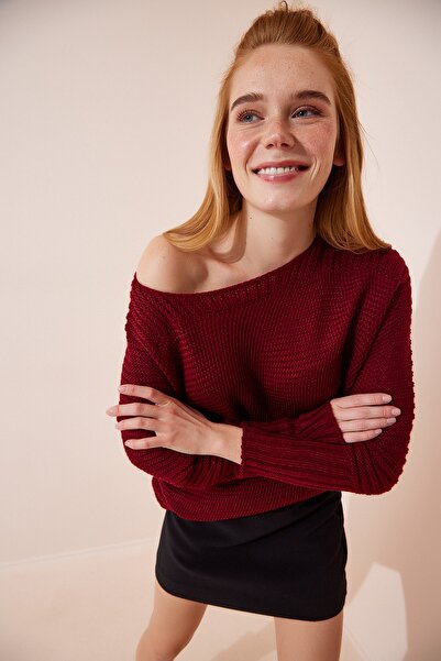 Happiness İstanbul Burgunderroter, übergroßer, langer Strickpullover mit U-Bo...