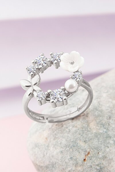 klas gümüş Beyaz Taşlı Rodaj Manolya Çiçeği Yüzük-925 Ayar Gümüş