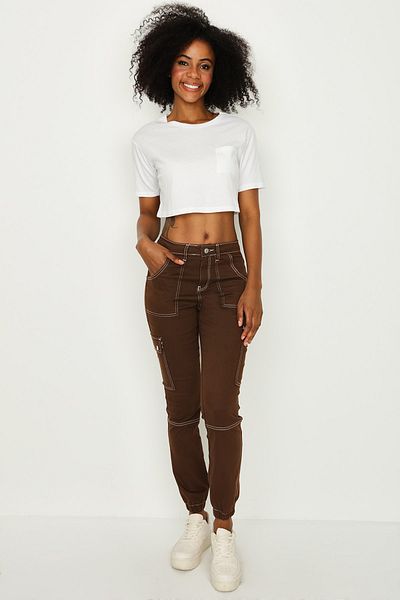 Select Moda Women's Brown Contrast Stitching Cargo Pants
