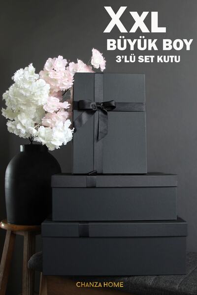 CHANZA HOME Büyük Boy Siyah 3'lü Takım Kutu Kurdeleli Siyah Sert Hediye Kutus...
