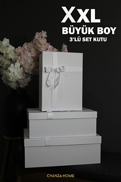 CHANZA HOME Büyük Boy Beyaz 3'lü Takım Kutu Kurdeleli Beyaz Sert Hediye Kutus...