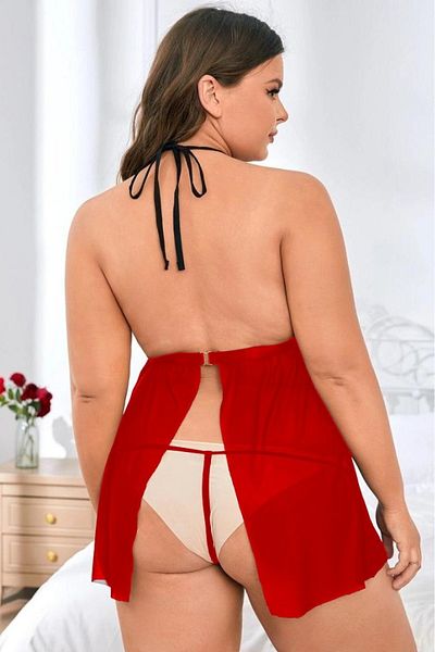 MADALİNA Red Plus Size Stylish Nightgown - Back Tie