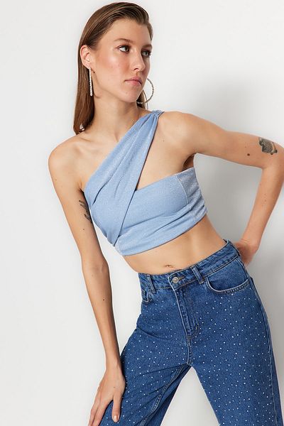 Trendyol Collection Glitzerndes blaues Strick-Crop-Bustier - TPRSS23BS00042