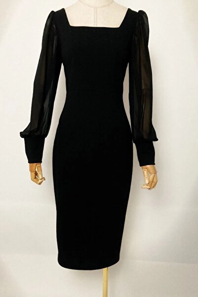 sarebutik Kare Yaka Şifon Kollu Elbise Siyah