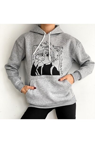 Anime Baskılı Kapşonlu Oversize Şardonlu Pamuk Unisex Sweatshirt Gri