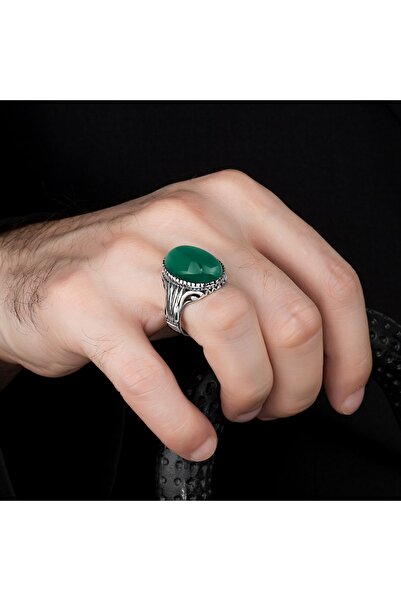 Argento Silver 925 Ayar Gümüş Yüzük Yeşil Akik Taşlı