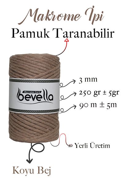 Bevella Macrame Cord Scanned Macrame Floss 3mm Επαναγράψιμο Βαμβακερό Μονό Twist Macrame Floss Σκούρο Μπεζ