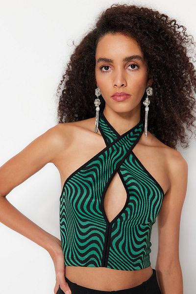 Trendyol Collection Black-Green Crop Knitted Window/Cut Out Detailed Animal Patterned Bustier TPRSS23BS00081