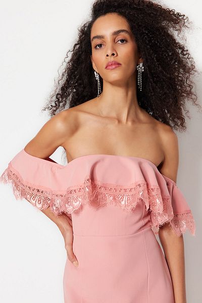 Trendyol Collection Dusty Rose, Fitted Woven Flounce Elegant Evening Dress TPRSS23EL00374