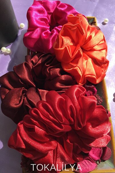 TOKALİLYA Kadın 4Lü Çapı 15 Cm Saten Saç Lastik Simit Scrunçhie Toka Seti