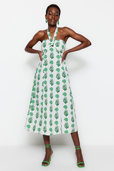 Trendyol Collection Green Floral Waist Opening Collar Detailed Midi Woven Lin...