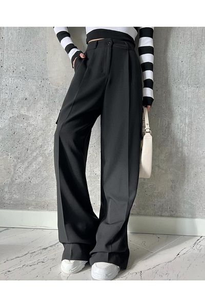 NET OF NOT Schwarze Cargo-Palazzohose mit hoher Taille und Taschendetail für Damen