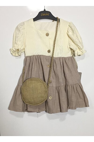 GÜNEŞ KİDS Kız Çocuk Prenses Kol Hasır Çantalı Elbise