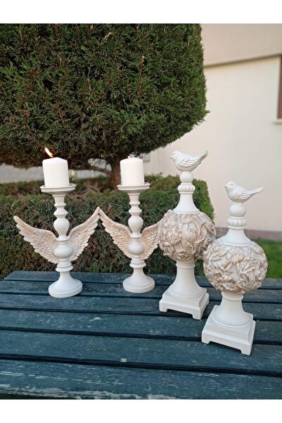 BilgeCe hoMe Kuşlu Heykel Seti , Melek Kanatlı Şamdan Seti, Polyester Heykel