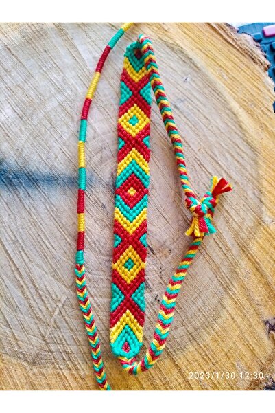 Şengül El Emeği Ip Örgü Magrome Bohem Bileklik 2'li Set Kırmızı Sarı Yeşil