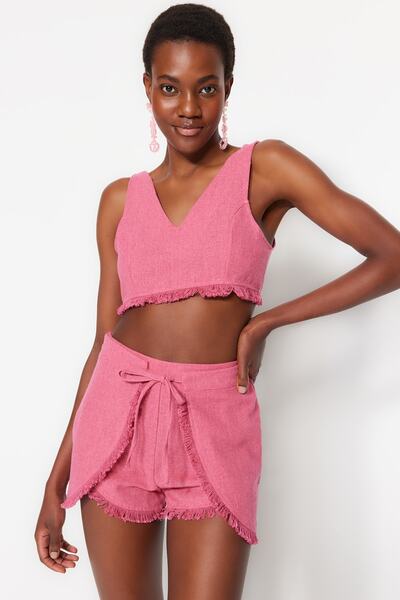 Trendyol Collection Rózsaszín bojt részletes strandblúz-strandnadrág szett TBESS22AU0141