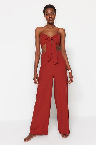 Trendyol Collection Καφέ Σετ Παραλίας - Μπλούζα και παντελόνι με υφαντό δέσιμο TBESS22AU0108