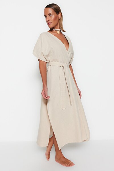 Trendyol Collection Maxi Beige Belted Slit Muslin Beach Kimono - Tbess23Km00019